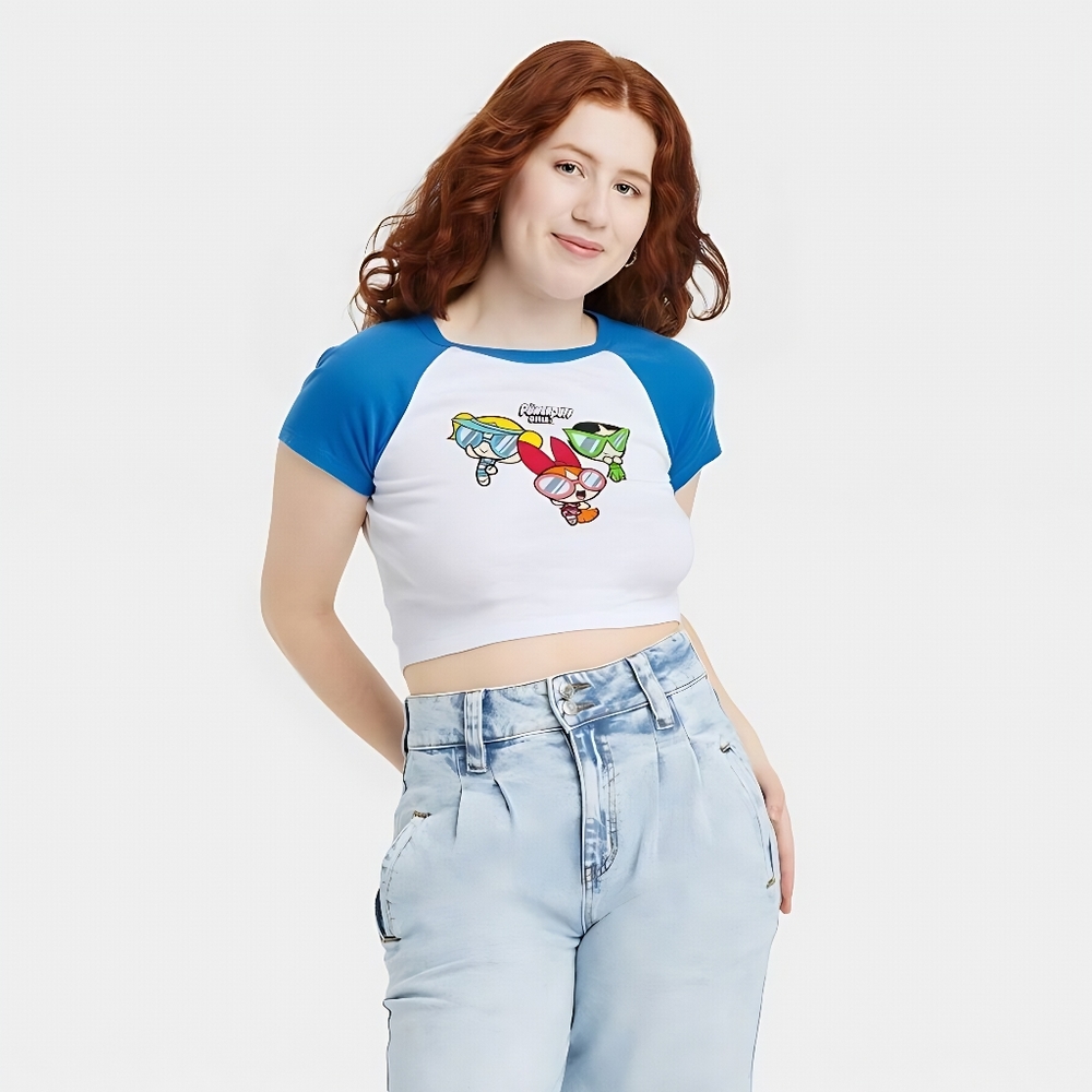 Powerpuff Girls Ringer Short Sleeve Cropped Graphic T-Shirt